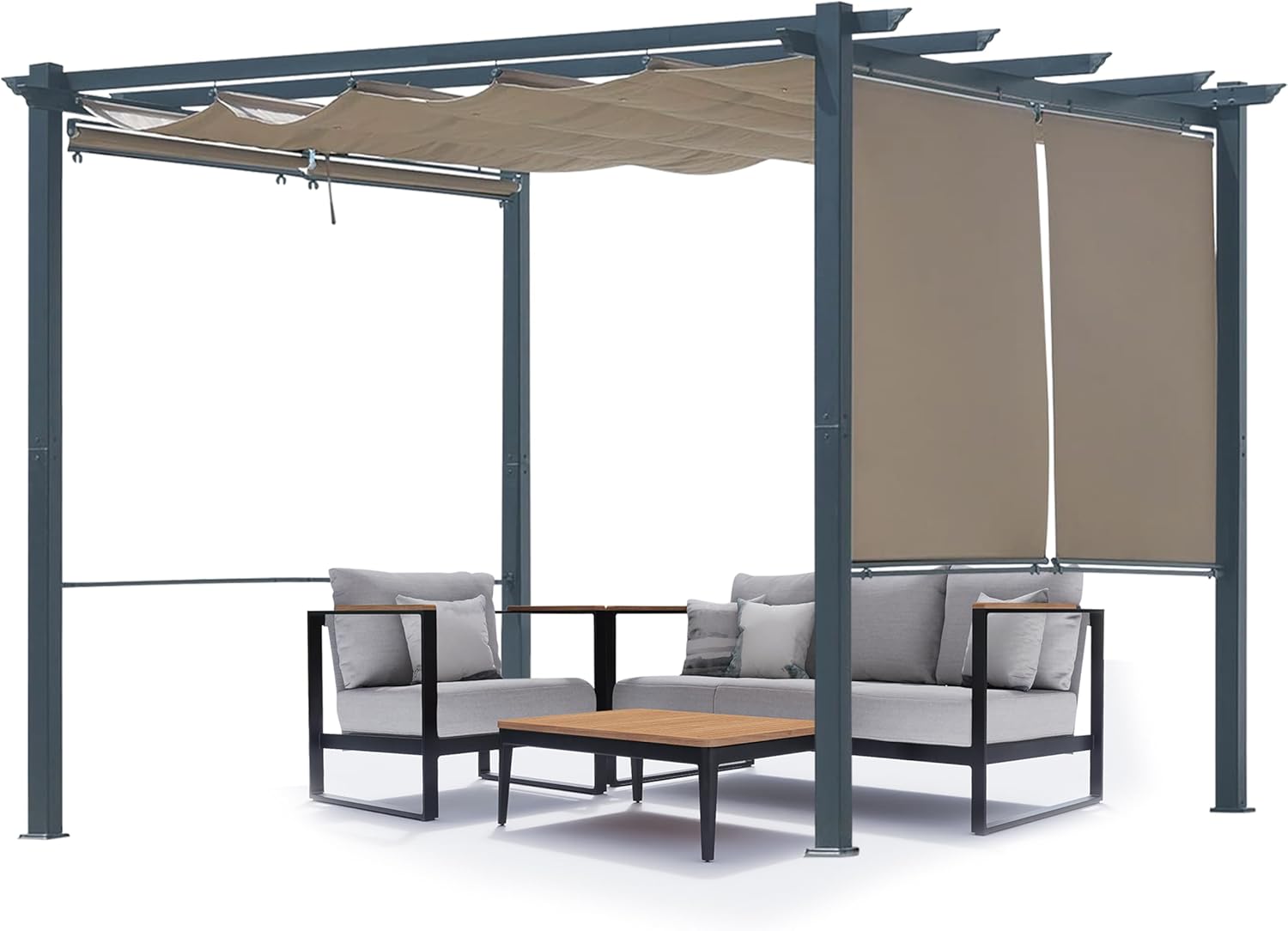 Aoodor 10 x 10 ft Outdoor Pergola with Retractable Shade Canopy, Matte Aluminum Frame, 4 Roller Shade Curtains, Grape Trellis for Patio, Backyard, Garden, and Deck, Brown