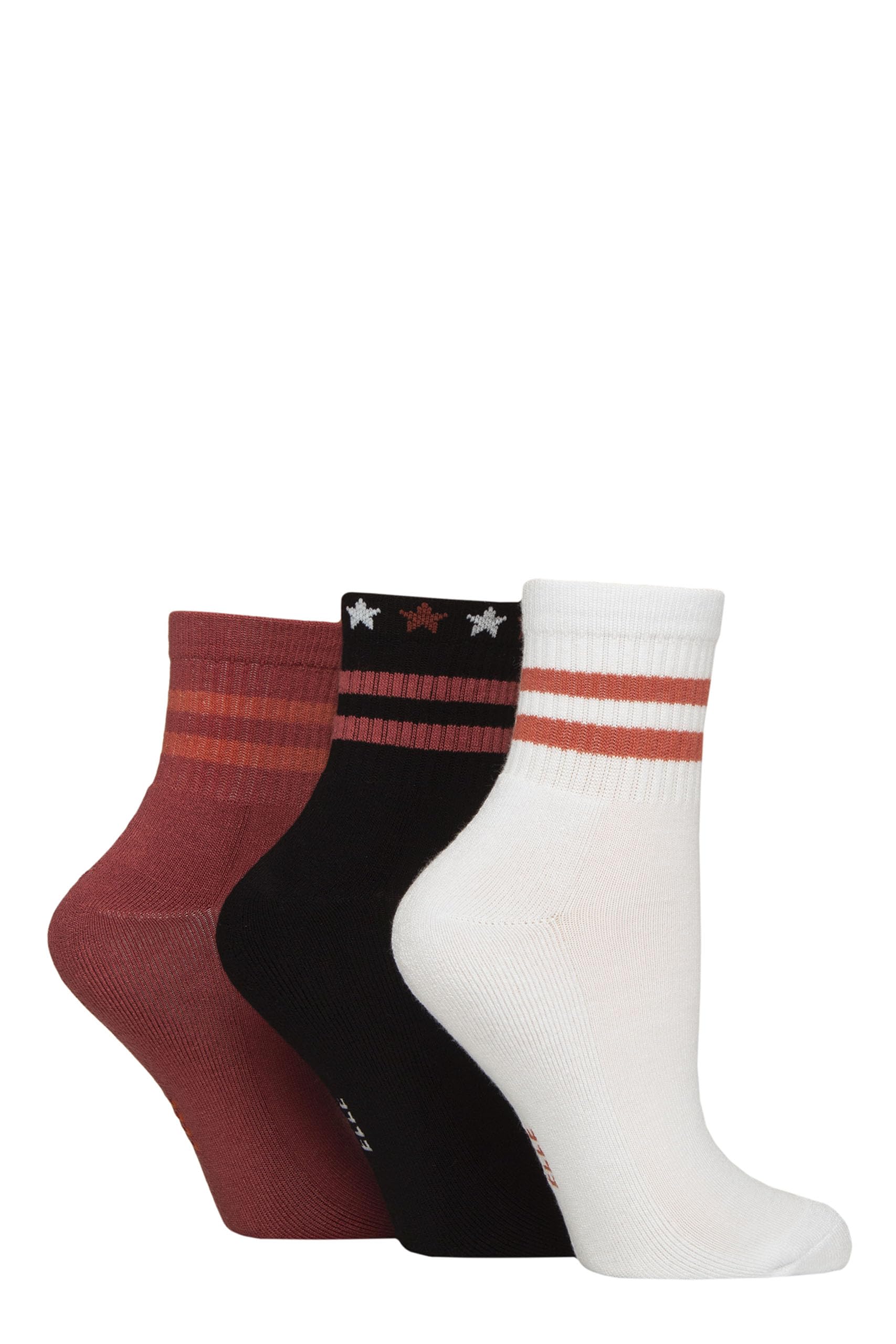 ELLE Women's Half Cushion Socks - Soft Breathable Bamboo Material for Sports, Anklet, Plain with Stripes, Size 4-8, Pack of 3 (UK, Numeric, 4, 8, Wild Poppy Stripe)