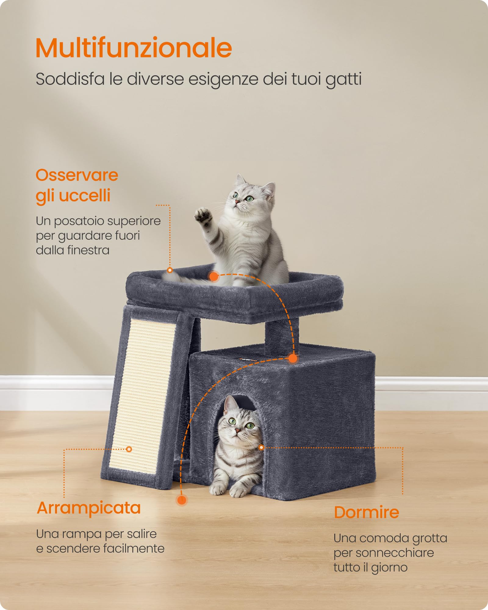 Feandrea Albero per Gatti Piccolo, Torre Tiragraffi per Gatti con Casetta, Rampa Graffiatoio Grande, Cuccia Superiore, Grotta, Alto 44,6 cm, Grigio Scuro PCT010GS01