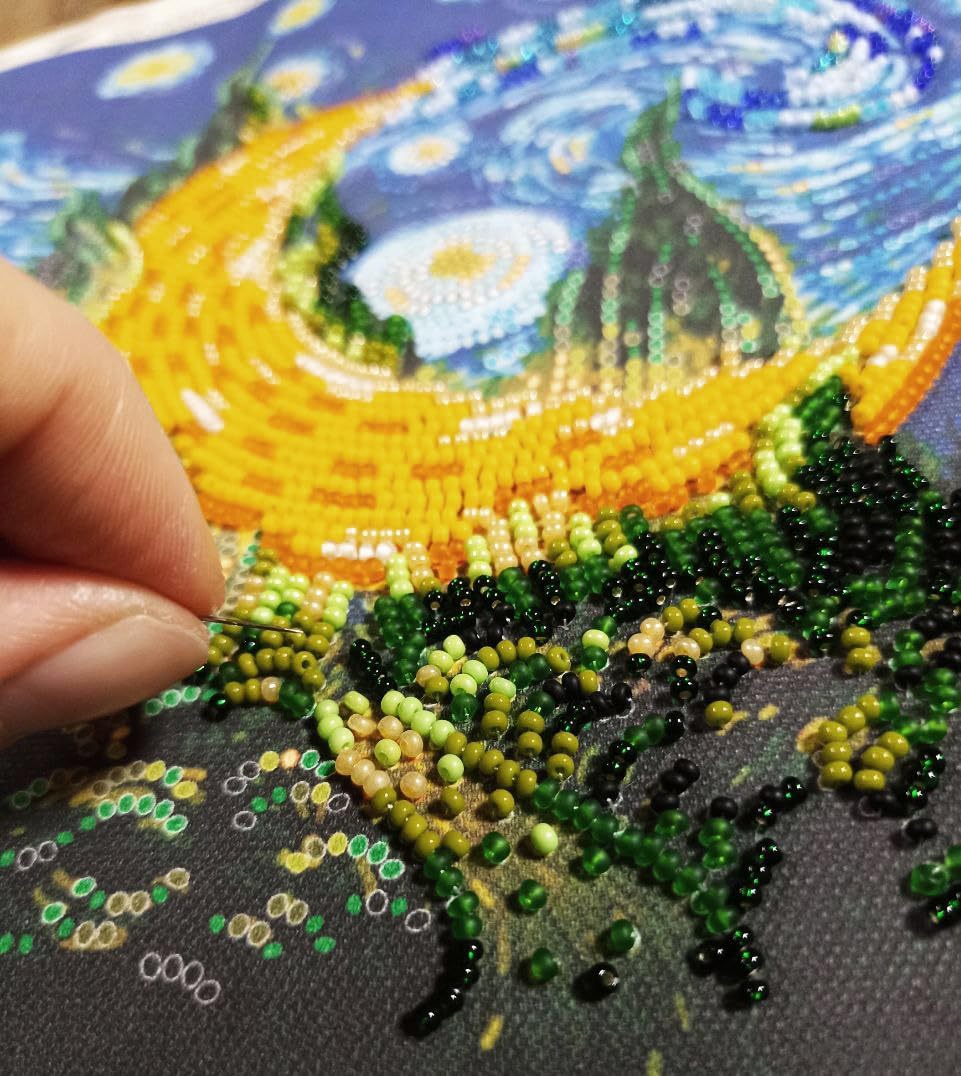 Bead Embroidery Kit Cypress moon. DIY Beadwork Craft Kit for Beginners. Hand Made Beading kit from Abris Art, Ukraine. Stylish needlework set, needlepoint pattern colorful moon Van Gogh decor wall art
