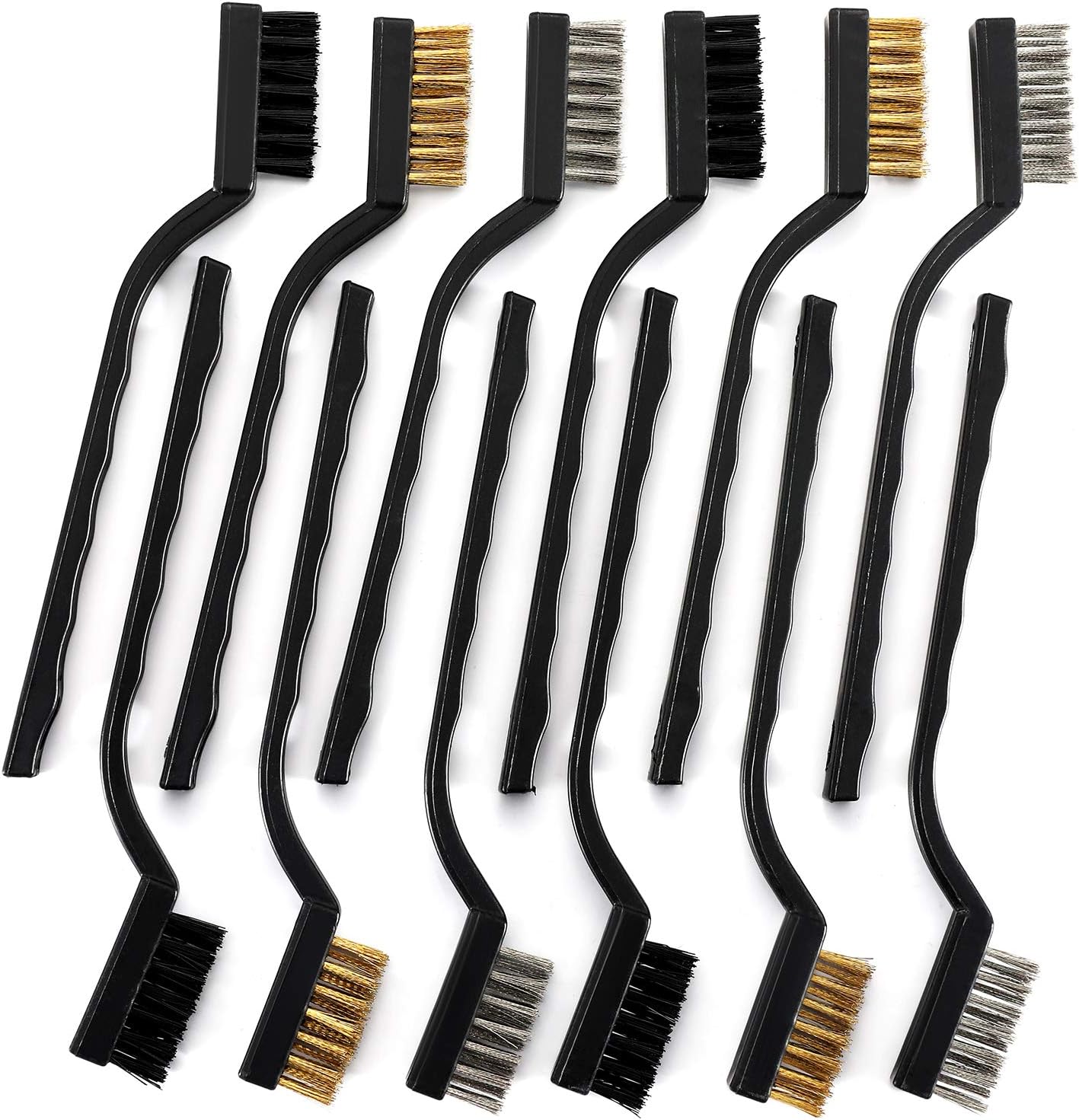 TILAX 12 Pack Wire Brush Set for Cleaning Welding Slag and Rust, Curved Handle Masonry brush Wire bristle Scratch Brush Stainless Steel, Brass and Nylon