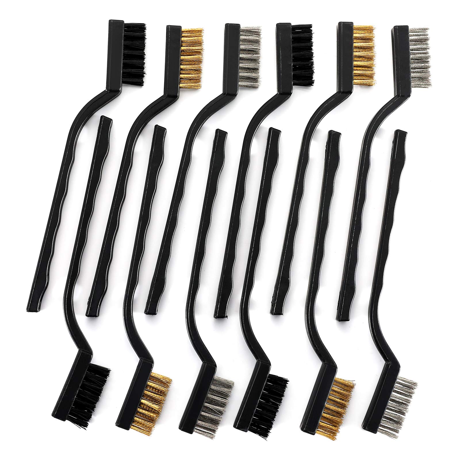 TILAX 12 Pack Wire Brush Set for Cleaning Welding Slag and Rust, Curved Handle Masonry brush Wire bristle Scratch Brush Stainless Steel, Brass and Nylon
