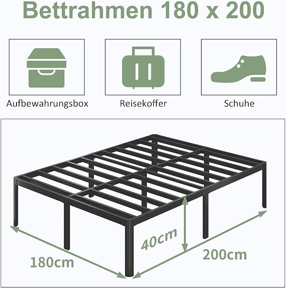 Lutown-Teen Double Bed 180 x 200 cm with Round Corner Legs Height 41 cm Bed with Slatted Frame Bed Frame with Storage Space Under Bed Noise-Free Easy Assembly Black