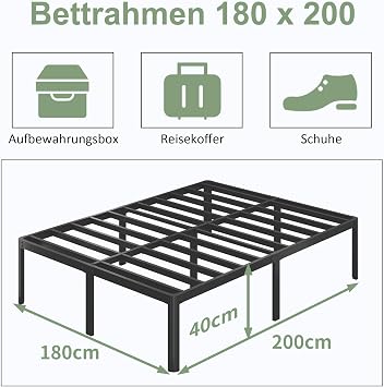 Lutown-Teen Double Bed 180 x 200 cm with Round Corner Legs Height 41 cm Bed with Slatted Frame Bed Frame with Storage Space Under Bed Noise-Free Easy Assembly Black