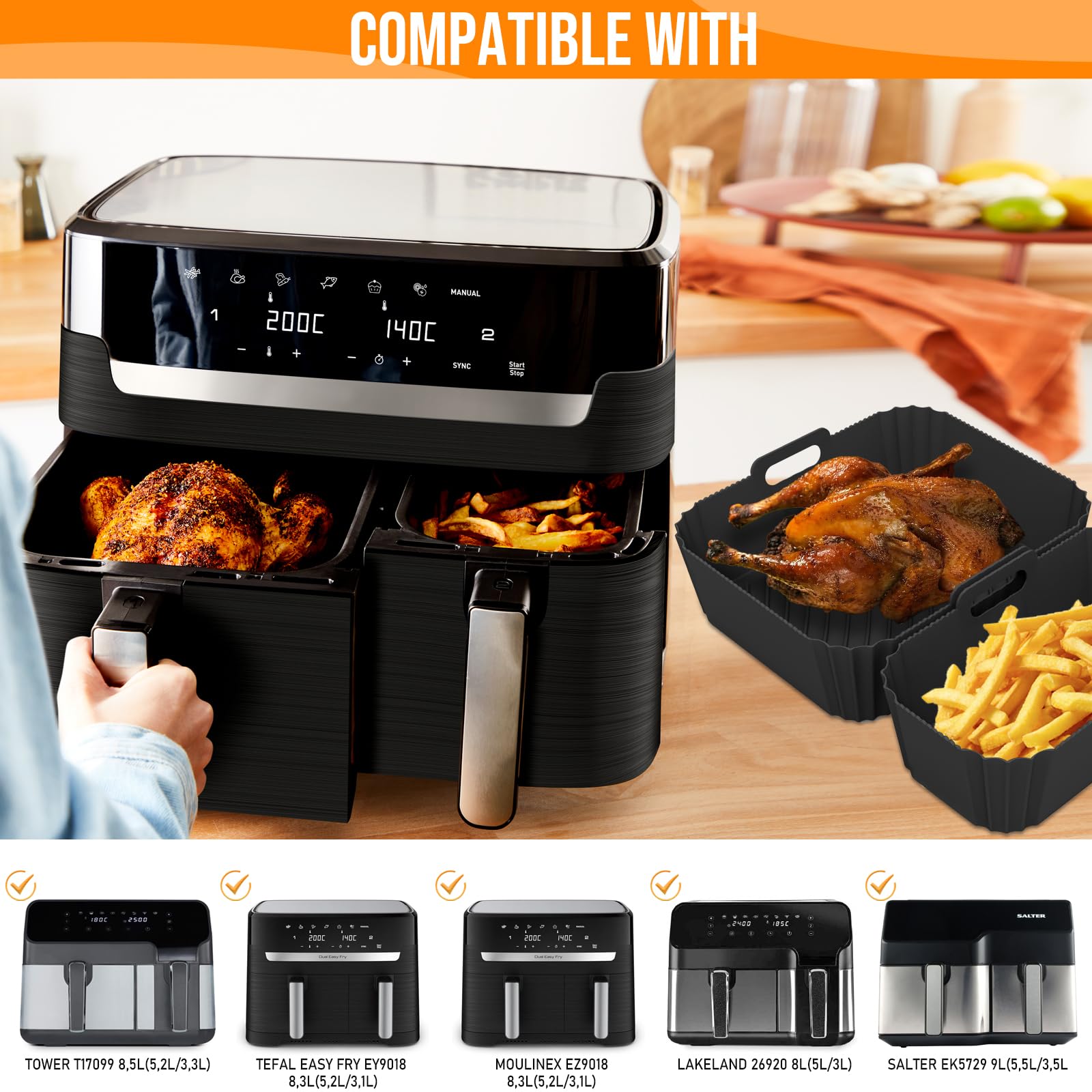Heissluftfritteuse Zubehör für Tefal EY9018 Dual Easy Fry 5,2/3,1L - Airfryer Zubehör Einschließlich Silikonform, Grillrost, Brotbackformen, Küchenzange, Ölspray, usw