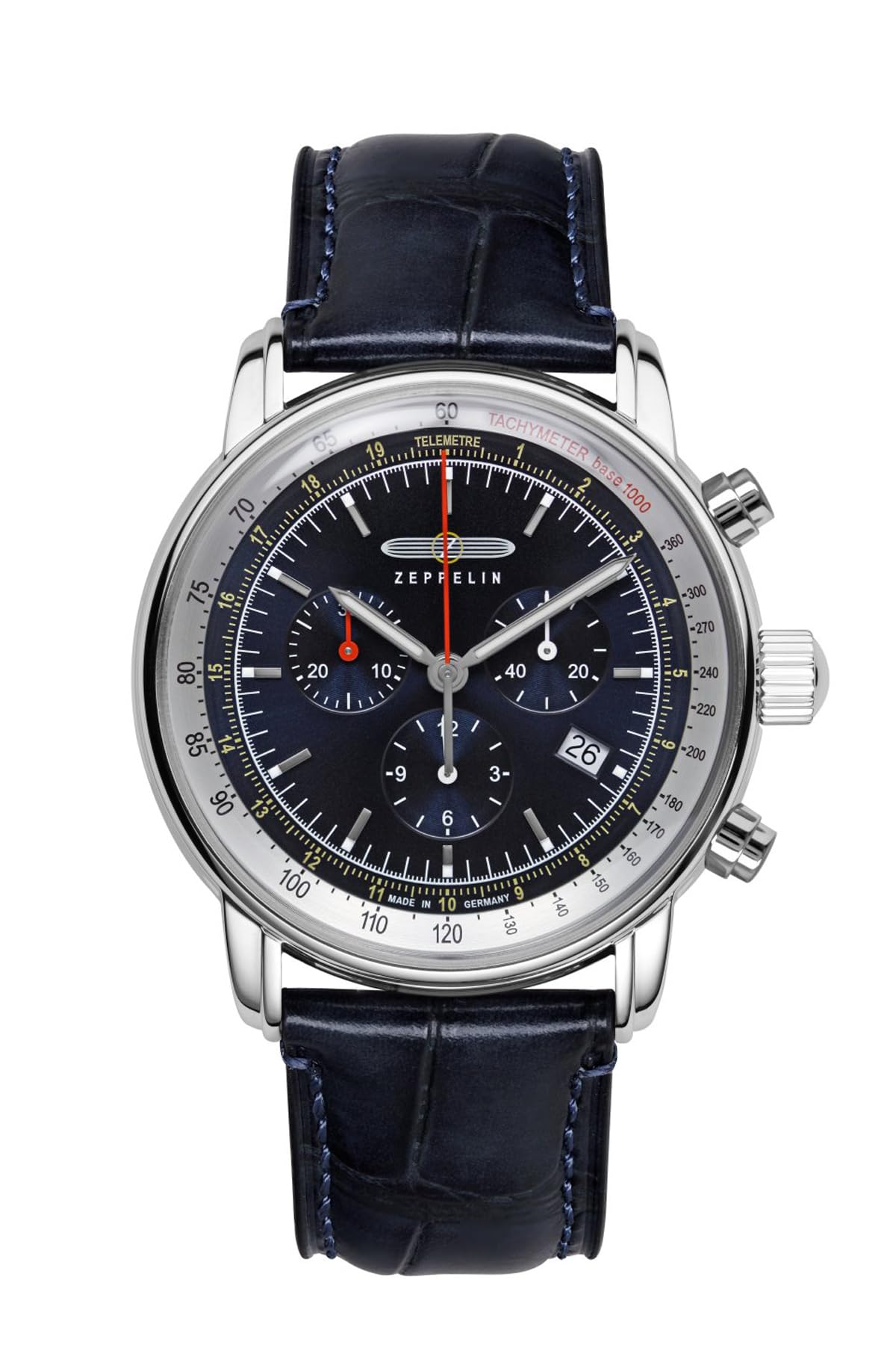 Zeppelin Série LZ14 Marine avec Bracelet en Cuir Aspect Crocodile, Argent/​Bleu, Classique