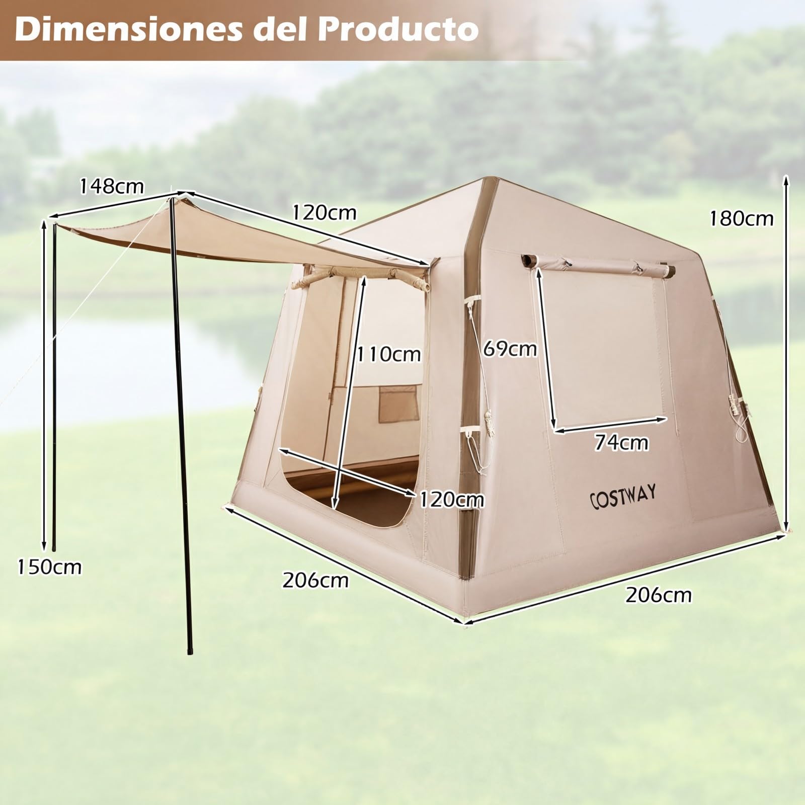 COSTWAY Tienda de Campaña Inflable para 2-4 Personas, Tienda de Campaña con Ventanas de Malla y Puerta, Bolsa de Transporte, 210 x 210 x 180 cm, Oxford Impermeable, Montaje Fácil con Bomba