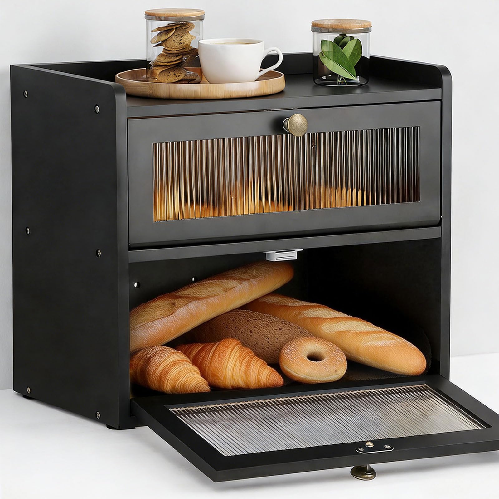 Houbobo Double Decker Bread Bin, Wooden Bread Box for Kitchen Countertop Large Kitchen Countertop Food Organiser