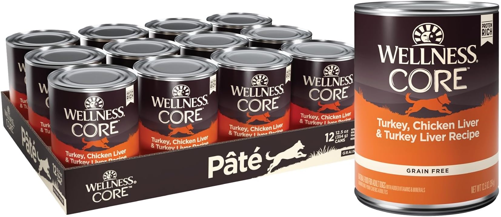 Wellness CORE Pate Adult Canned Wet Dog Food, Grain Free, Natural, Turkey and Chicken Recipe, 12.5 oz, Pack of 12 Cans