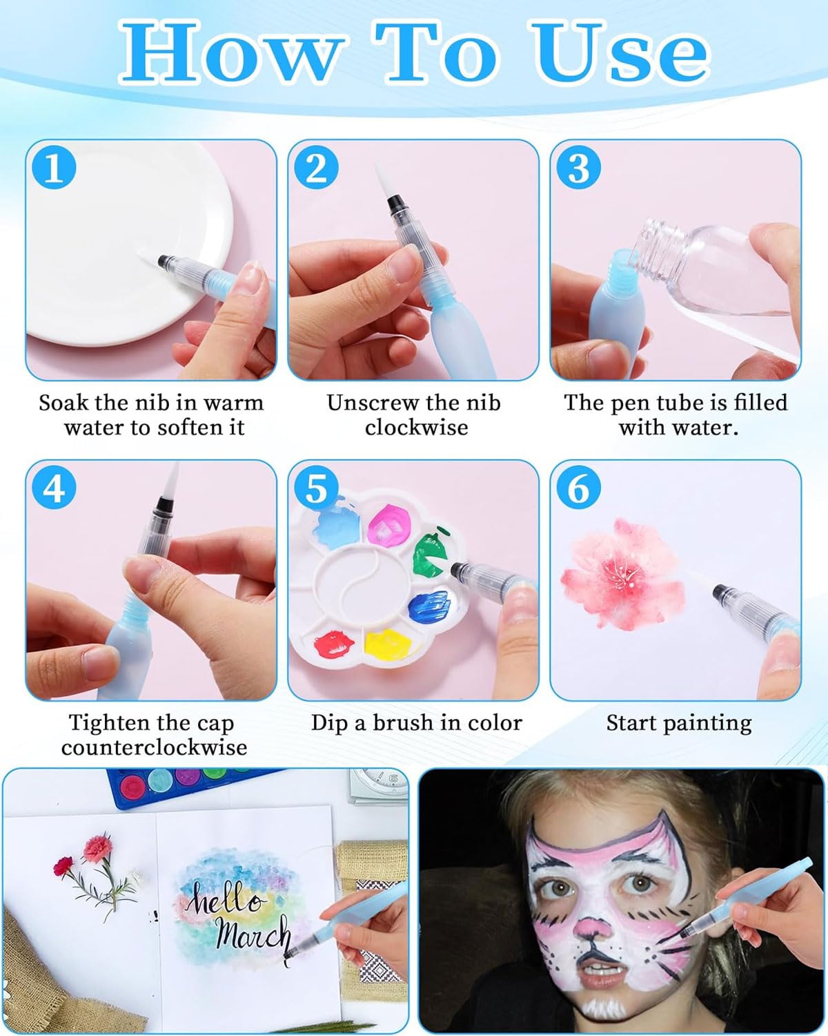 6 Aquarellpinsel, Künstlerpinsel-Set, blaue, leere Kunststoffpinsel mit nachfüllbarer Kartusche, geschärfte Spitzen, geeignet für Aquarellmalerei und -zeichnungen, drei Größen