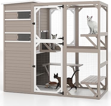 Outdoor Cat Catio 4 Story Cats Enclosures Large Wooden Cats House for Indoor Outdoor Window Catio Cat Patio with Resting Room,Waterproof Roof,Jumping Playforms 77" H Cat Enclsoure