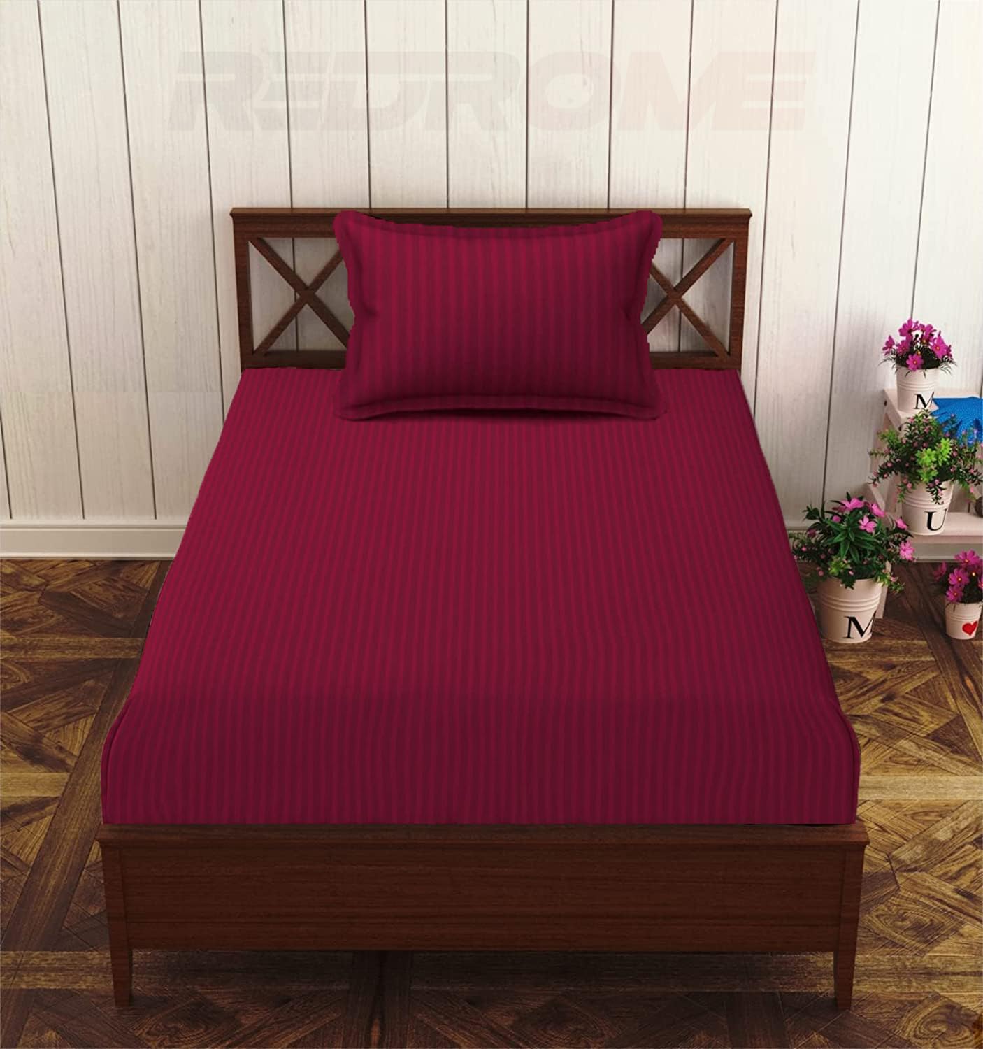 Redrome Cotton Feel Satin Stripe Single Bedsheet with 1 Pillow Cover | Fade-Resistant, Soft & Hypoallergenic |Bedspread for Single Bed- (152x225 Cm, Single Size, Maroon)-image-44