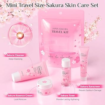 4Pcs Mini Skin Care Set, Sakura Skincare Gift Sets for Teenage Girls, Skin Care Set for Girls with Cleanser, Toner, Face Cream and Sunscreen, Travel Size Skin Care Set for Girls Mom (4Pcs)