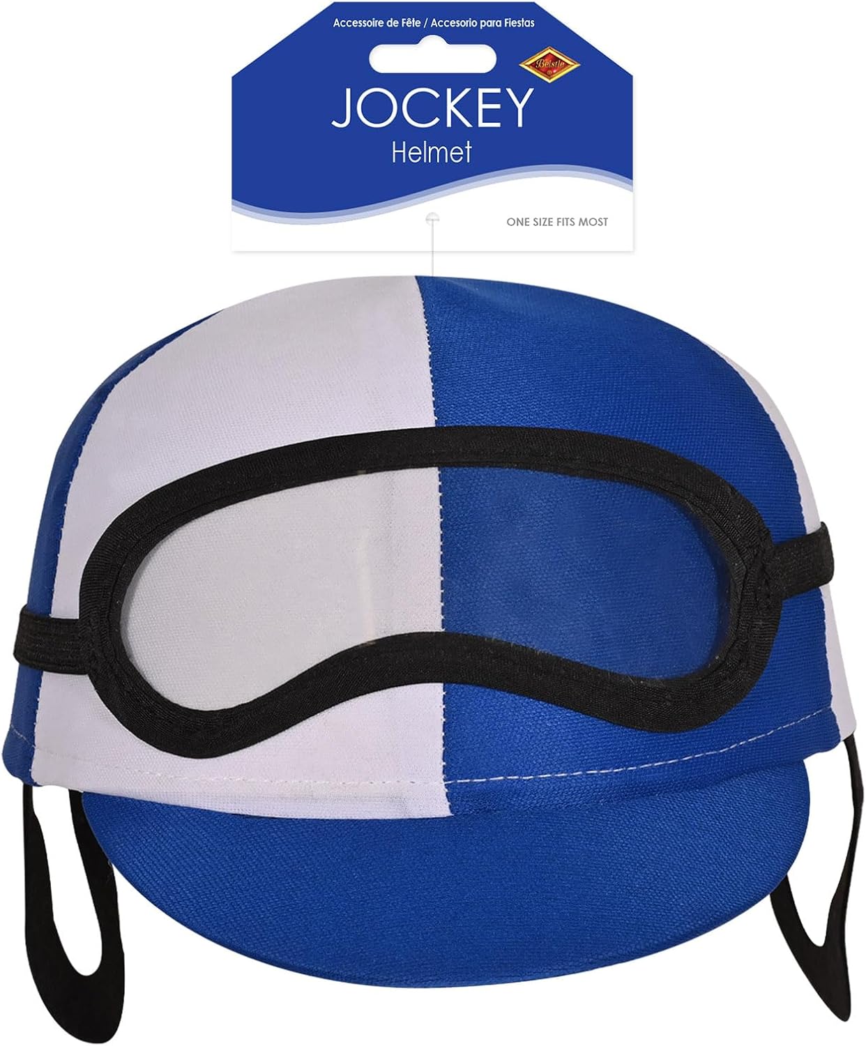 Beistle Blue Jockey Helmet Costume Hat, Fabric Headwear with Attached Clear Goggles Black Frame Ear Pieces Horse Racing Theme Parties, Equestrian Novelty Accessory, Adult Size