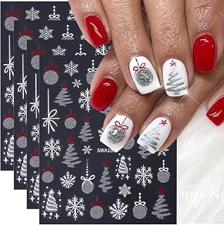 Christmas Nail Art Stickers Decals Silver Glitter Xmas Tree Crystal Ball Nail Decals 4PCS Lantern Ball Snowflake Gift Bow 3D Christmas Nails Design Adhesive Stickers Holiday Manicure Slider for Women
