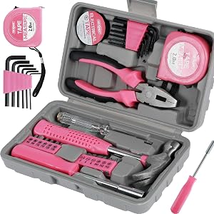 Ensemble d'outils rose de 24 pièces pour femmes – Mini trousse à outils pour étudiants universitaires et chambres de dortoir – Boîte à outils de démarrage pour la maison, le bureau et le dortoir