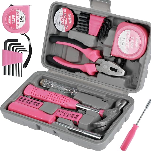 Ensemble d'outils rose de 24 pièces pour femmes – Mini trousse à outils pour étudiants universitaires et chambres de dortoir – Boîte à outils de démarrage pour la maison, le bureau et le dortoir