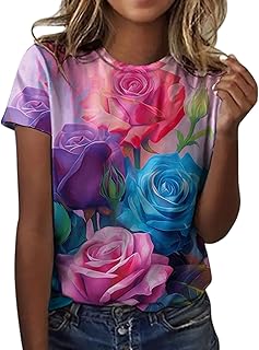 Camiseta para mujer, color blanco, elegante, camiseta de manga corta, cuello redondo, estampada, clásica, holgada, informal, transpirable, ligera, versátil para la playa