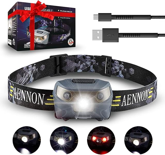 AENNON 1-Pack USB Rechargeable LED Head Torch - Super Bright,or Waterproof, Lightweight & Comfortable - Headlamp Perfect for Running, Walking, Camping, Reading, Hiking, USB Cable Included