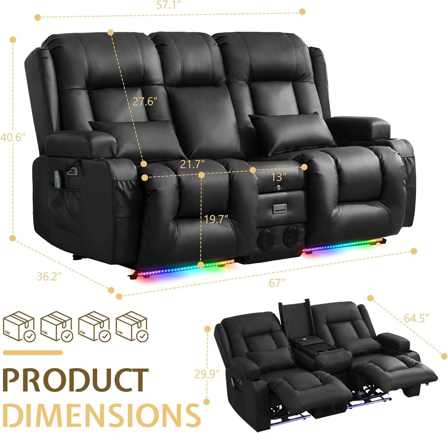 URRED Power Reclining Loveseat Sofa with Console, RV Couch Loveseat Recliner Sofa with Massage & Heat, LED Light, Cupholders, Bluetooth Speakers, USB Charge Ports, Outlets, Faux Leather, Black