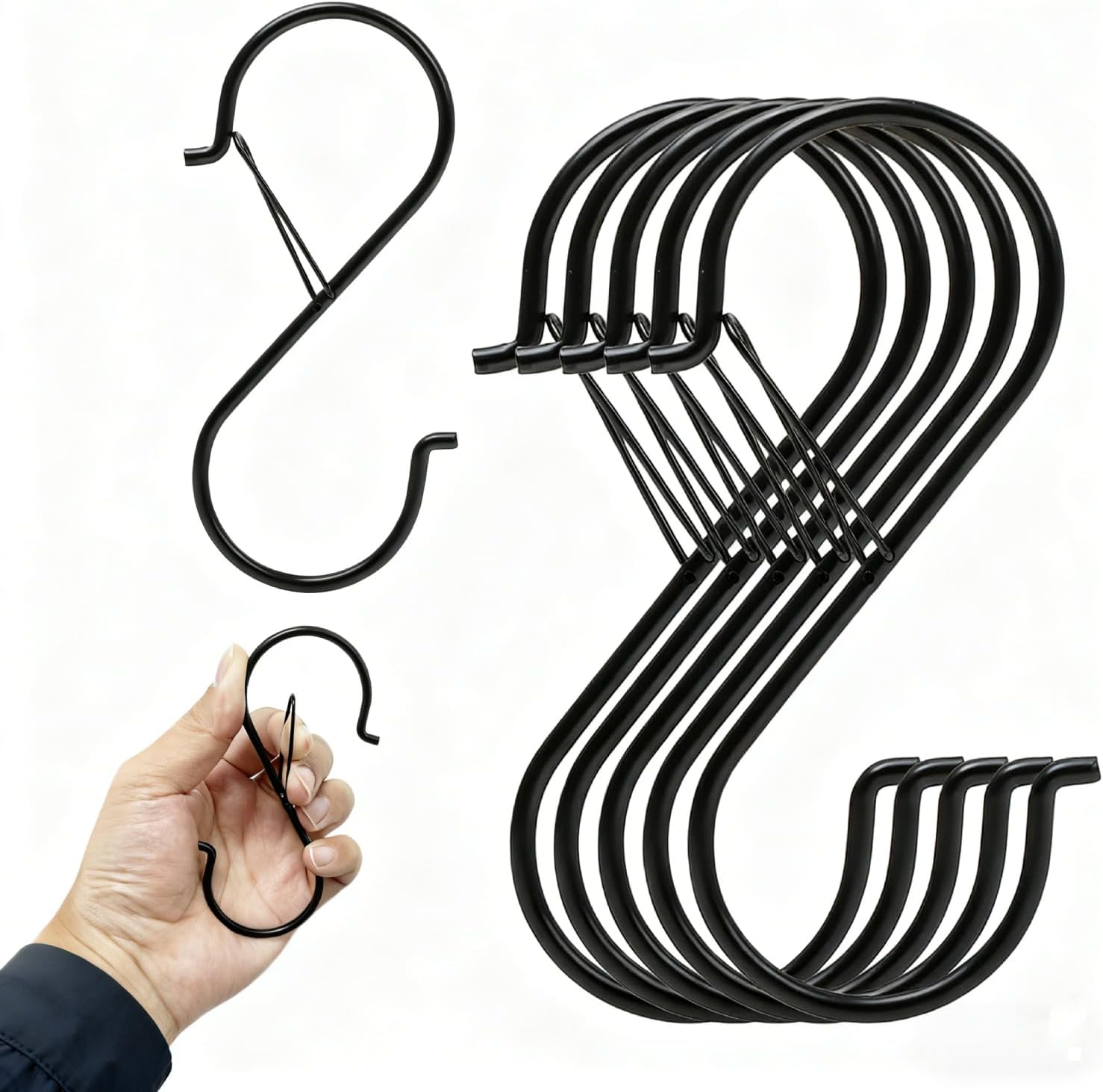 6 Pack 3.7" S Hooks for Hanging, Heavy Duty S Hooks with Safety Buckle, S Shape Hooks for Hanging Kitchen Utensils, Pots and Pans, Cups, Plants, Clothes and Bags, Black