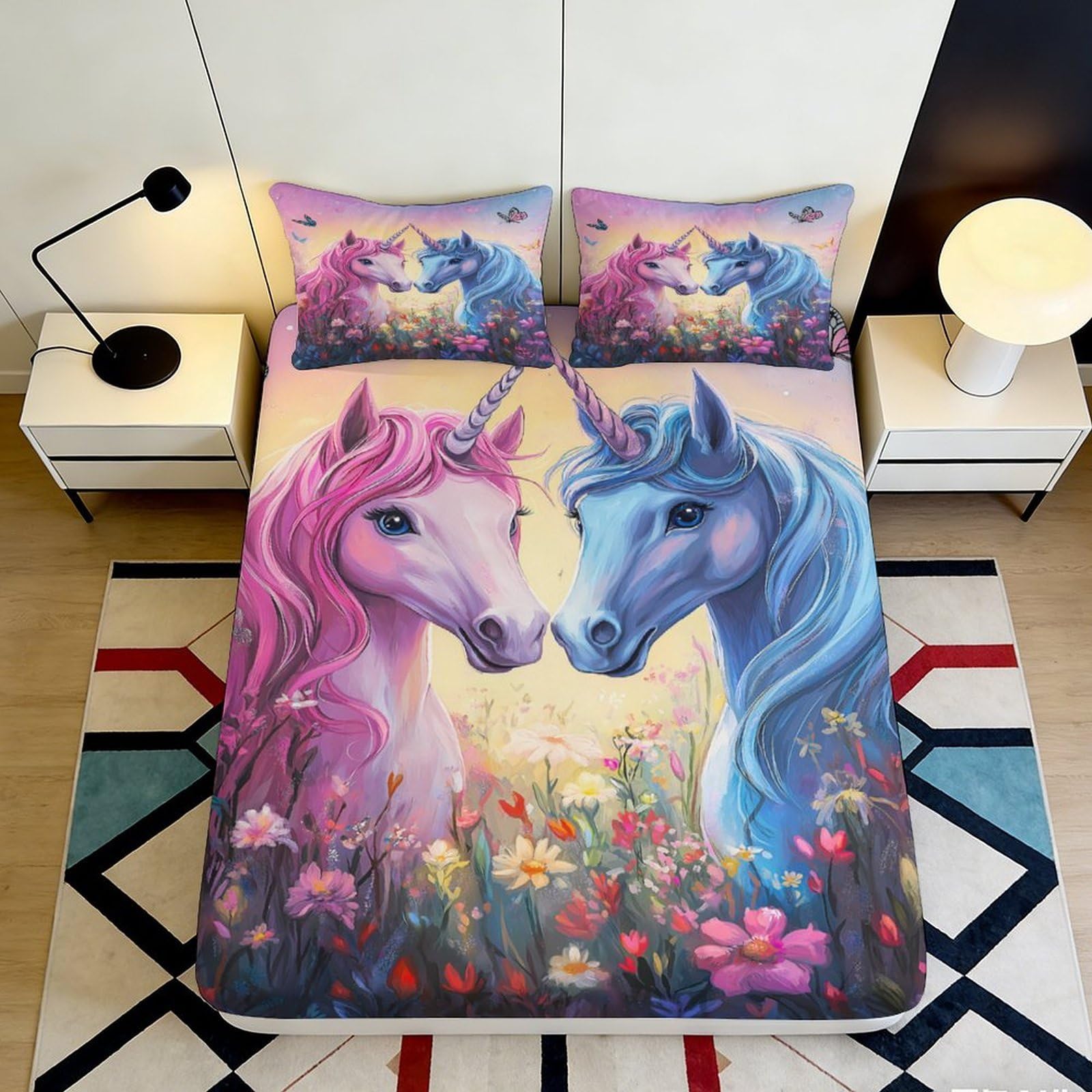 3D Printed Unicorn Fantasy Fitted Sheet Microfiber Soft Pastel Flower Mattress Cover Non-Slip Easy Care for Bedroom Guest Room 120x200x25cm