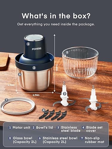 Miniatura 8 de FOHERE Procesadores de alimentos, picadora eléctrica de alimentos con picadora de carne y picadora de verduras con 2 cuencos (8 tazas + 7 tazas), 2