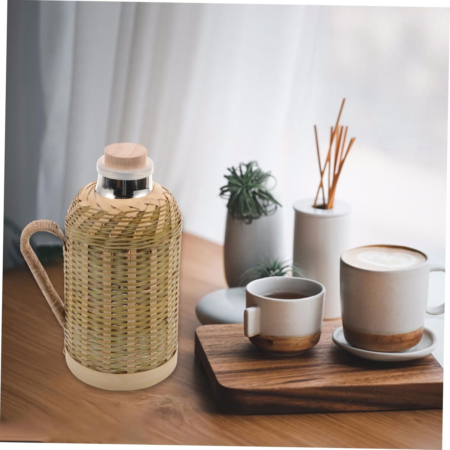 DOITOOL Retro Woven Thermal Kettle with Glass Liner for Home Office Elegant Vintage Style Water Bottle for Warm Keeping and Practical Daily Use