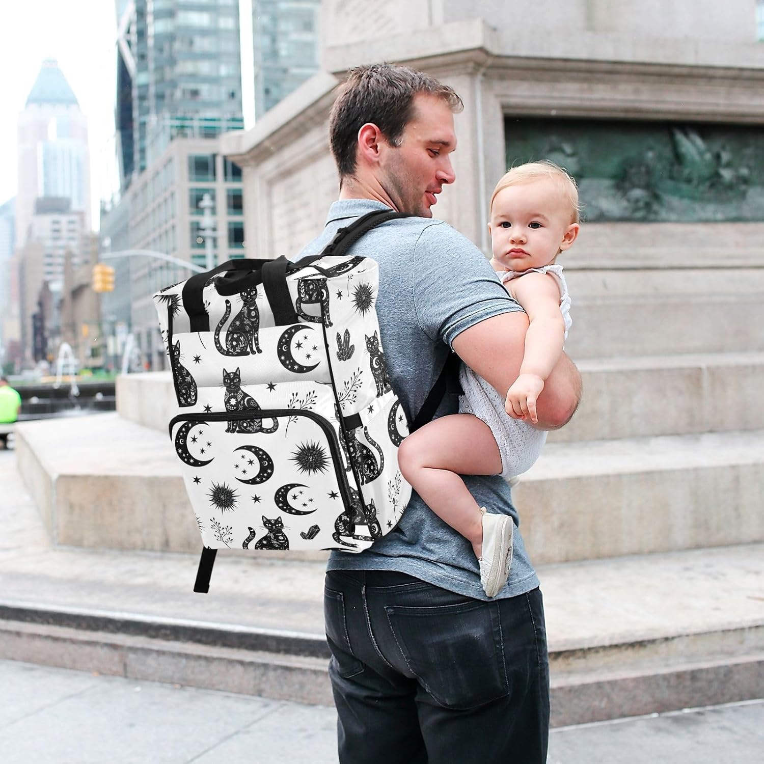 Gothic Cats Moons White Pattern Diaper Bag Backpack for Baby Boys Girls Multifunction Baby Essentials Travel Tote with Stroller Straps & Bottle Storage Maternity Travel Bag for Baby Shower Gifts