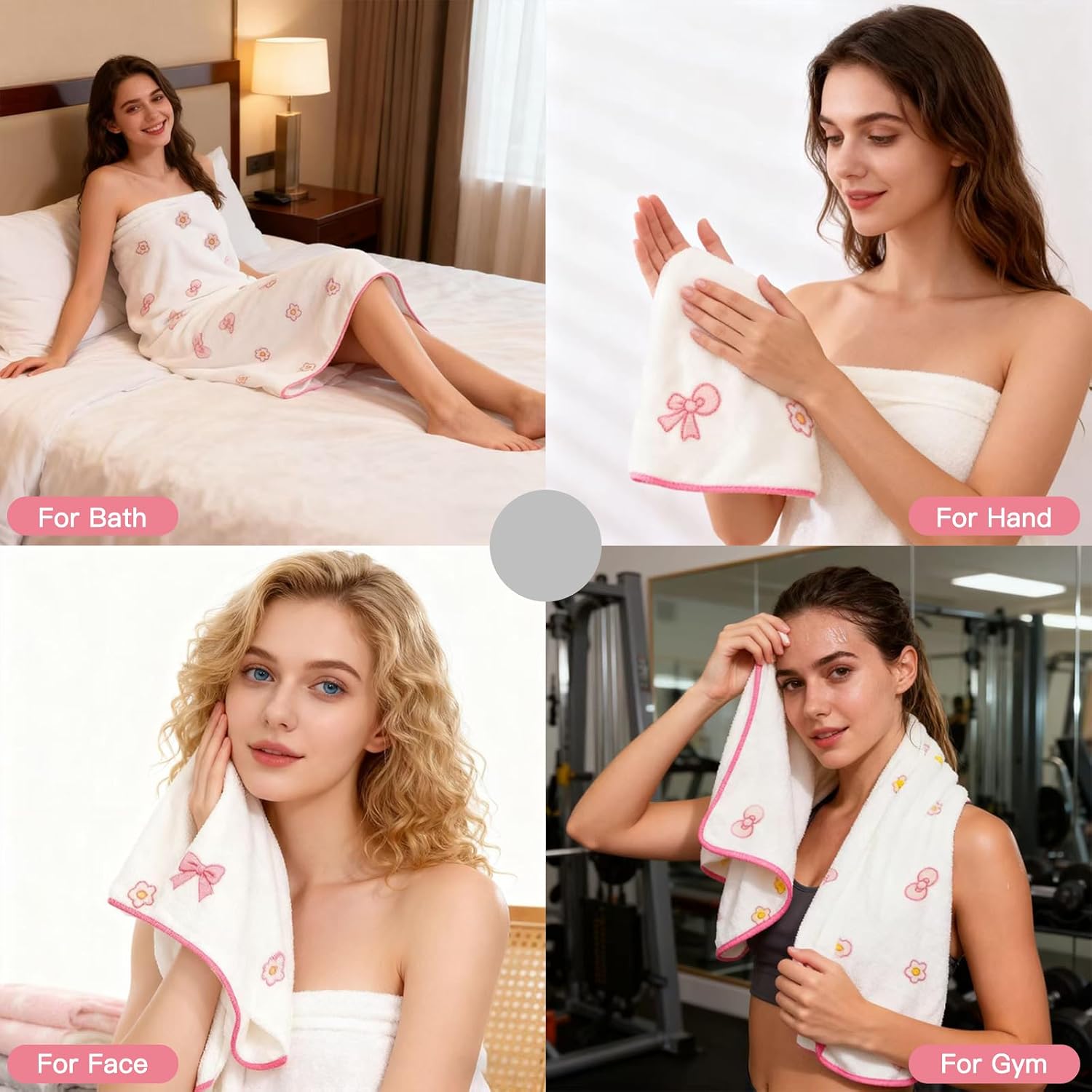 Pink Bath Towels,Soft, Absorbent and Quick Drying Microfiber Bath Towels Set of 2 ，27.5x55 inch Bow Patterned Bath Towel and 13.7x29.5 inch Hand Towel, Suitable for bathrooms, Gyms, Swimming Pools