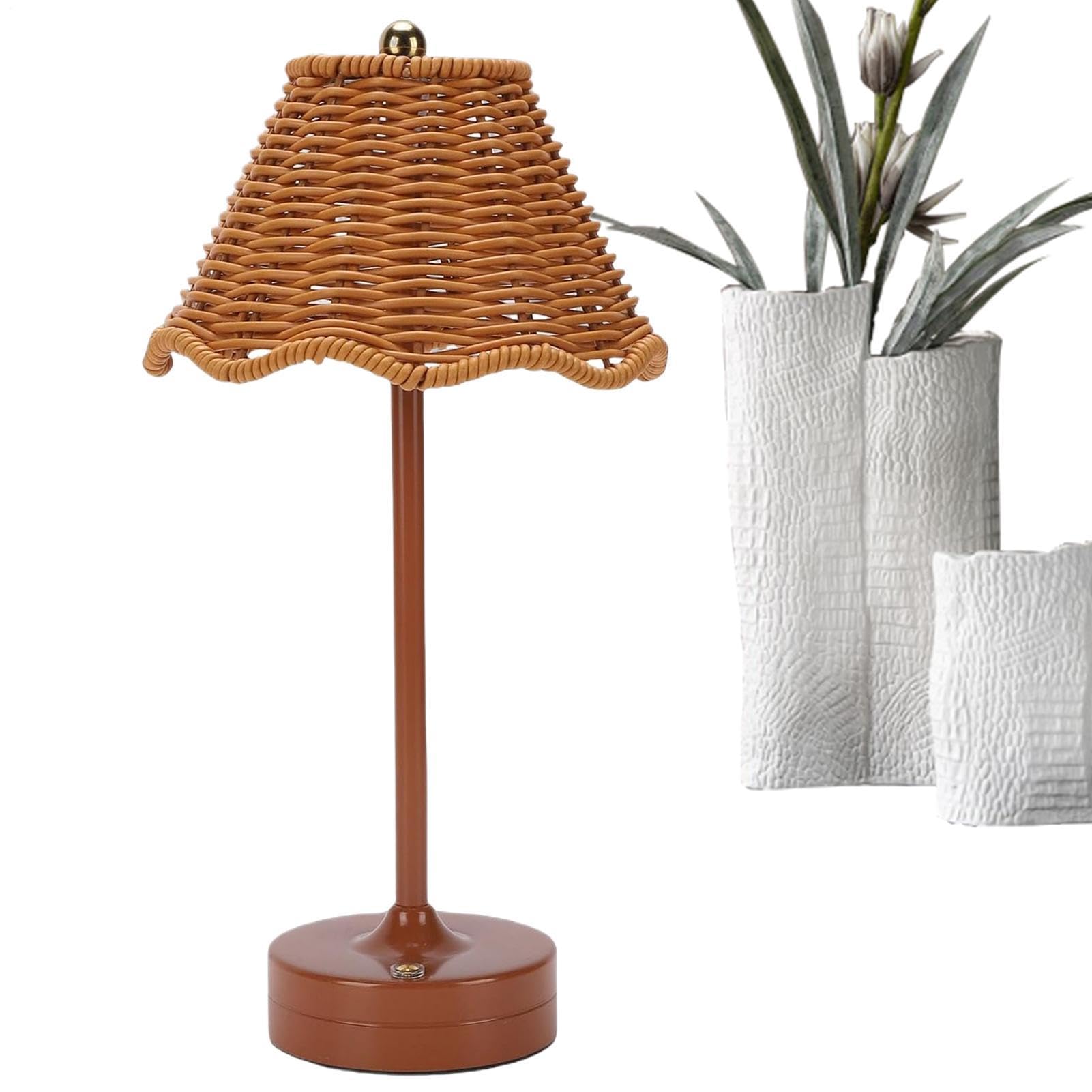 Rattan Table Lamp, Rechargeable Dimmable Reading Lights, 3 Color Temperatures & Touch Control, Cordless Boho Wicker Lamp, LED Bedside Nightlight for Home Restaurant Hotel Dining Table