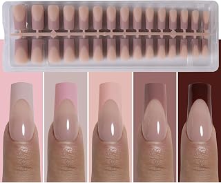 French Tip Press on Nails Long Square, Skin Tones Soft Gel Fake Nails, Acrylic Nude Pink Brown False Nails Set for Nail Art DIY Gift, 15 Sizes 150Pcs