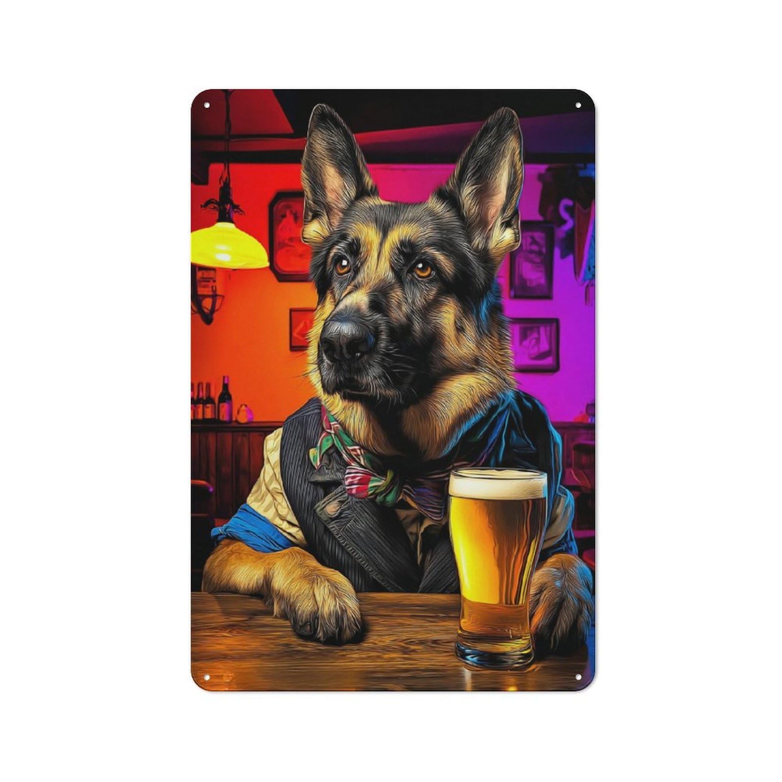 Junmoney German Shepherd In Bar With Beer Tin Wall Plaque 30X20cm With For Garage Or Workshop, For Living Room, Hallway And Entrance Wall Decor