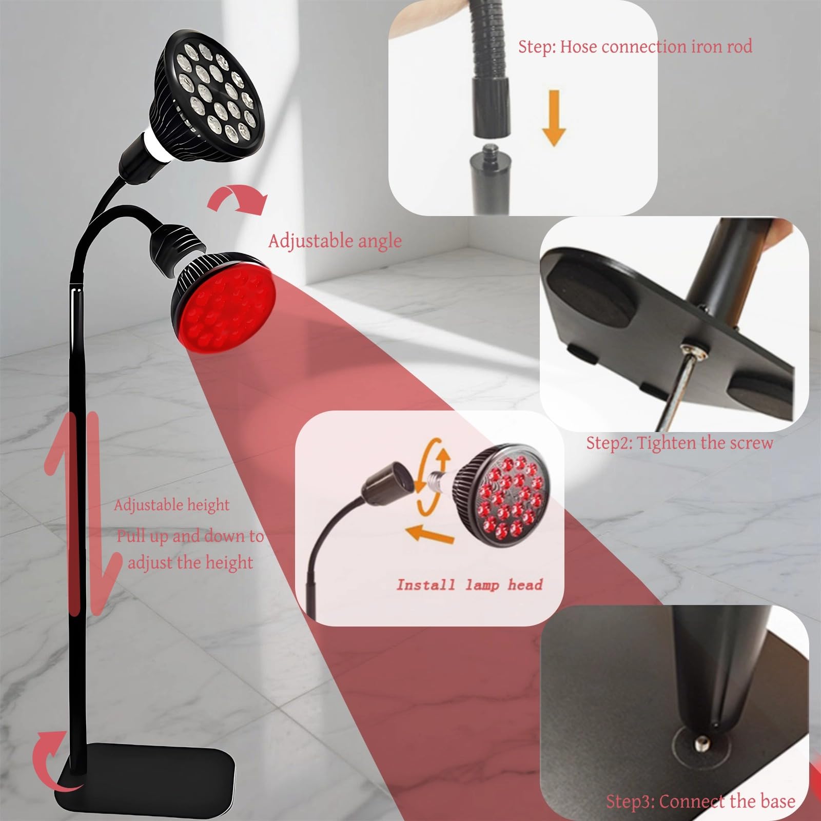 Lampe de luminothérapie rouge infrarouge 660 nm et 850 nm avec support et angles réglables pour le visage et le corps – 54 W, 18 LED, minuterie de 5 à 30 minutes, 5 niveaux de luminosité avec lunettes