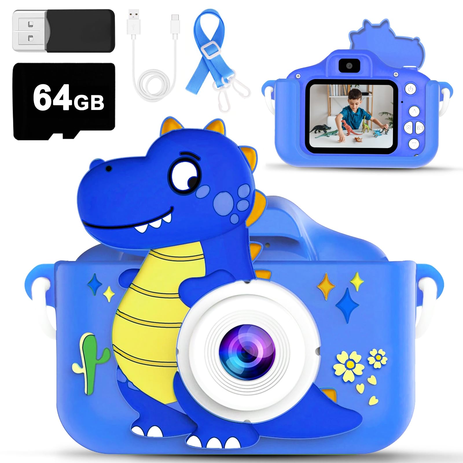 Kids Camera Toy, 64GB Digital Camera for Kids, Dinosaurs Birthday Gifts for Boys Age 3-12, 1080P HD Video Camera for Toddler, Children Toys for 3 4 5 6 7 8 9 Year Old Boys