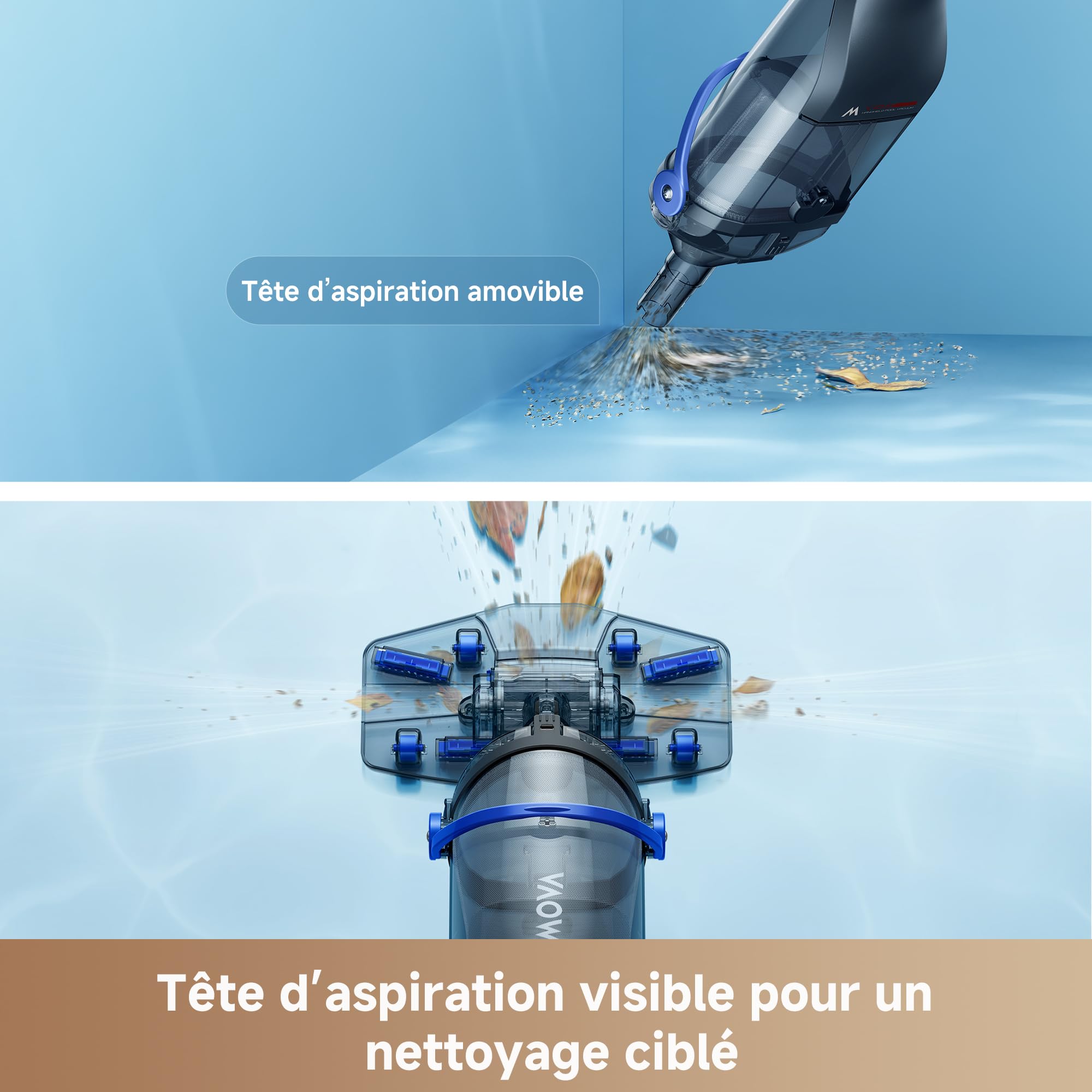 MOVA Handler V10 Aspirateur pour Tous Types de Piscine, Aspiration 4 200 L/h, tête Transparente, autonomie 60 Min, Perche télesc, 1,8 m et épuisette, Double Filtration, sans Fil, IPX8