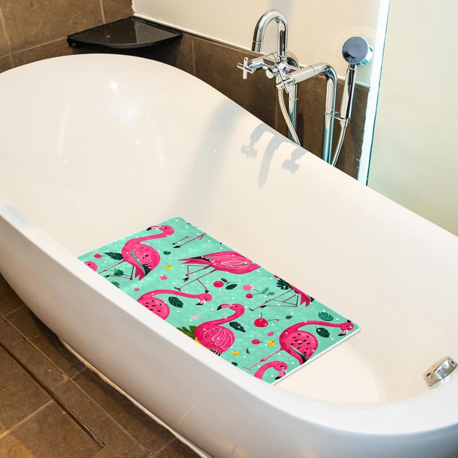 Badematte mit Flamingo-Kirschen-Motiv, rutschfeste PVC-Badewannenmatten für Badezimmer, nasse Duschbereiche (38,5 x 68 cm)
