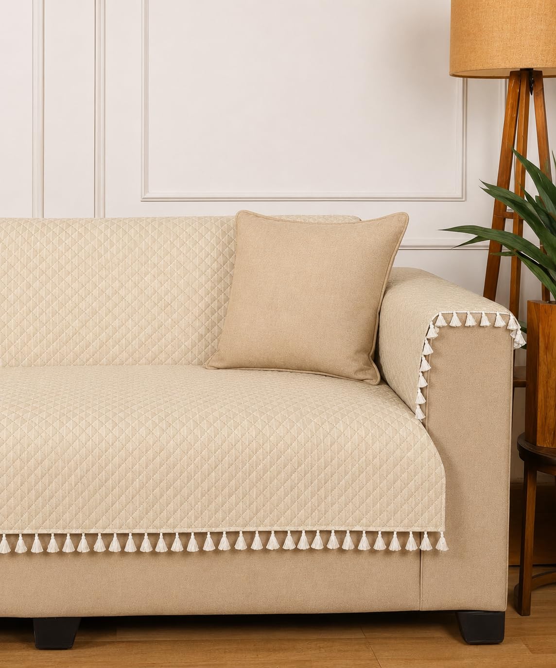 Roseate Quilted Velvet Fully Covered Sofa Cover with 2 Arm Cover (3 Seater/ 70”x54) Sofa Protector for Living Room/Bedroom interiors (Beige) with Tassels-image-25