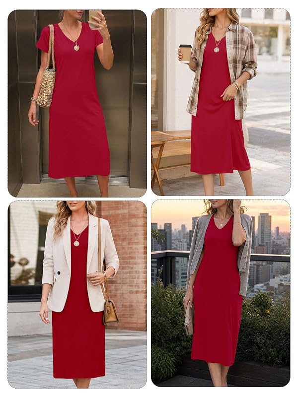Humordream Womens Short Sleeve T Shirt Dress V Neck Summer Midi Dresses Red by Humordream - Used condition - Image 5