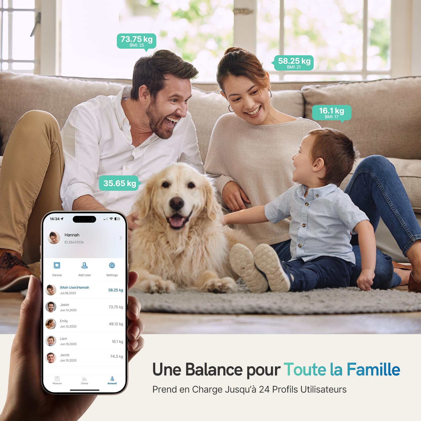Balance Pèse-Personne, Balance Connectée Impédancemètre Écran Couleur 6-en-1 Défilant, 20 Indicateurs, IMC, Graisse Corporelle Pour iOS & Android, Max. 180kg/ 400lb
