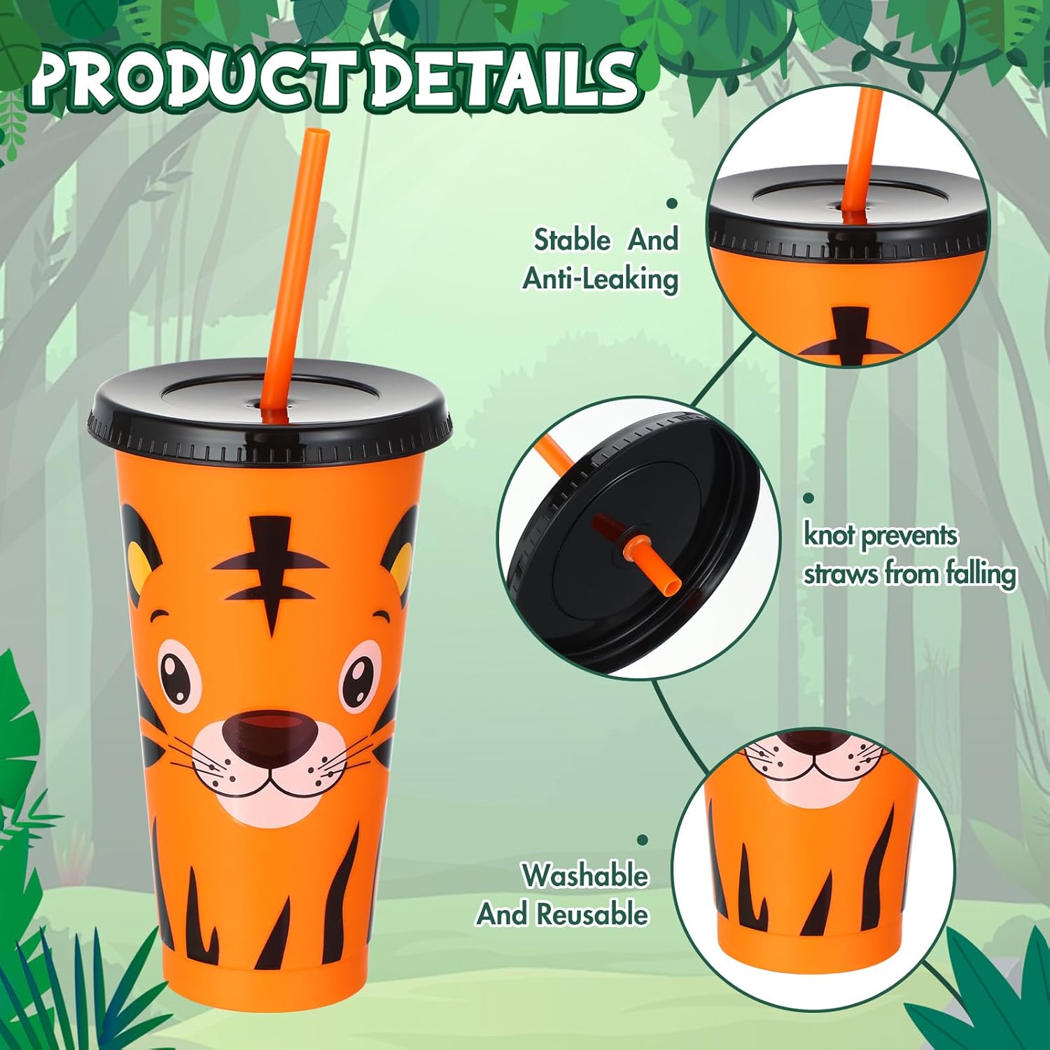 Domensi 24 Pcs Plastic Cups with Lid Straw 24 oz Reusable Tumbler Water Bottle Coffee Mug for Team Employee Students Birthday Party Favors Supplies(Jungle Animal) - Image 3