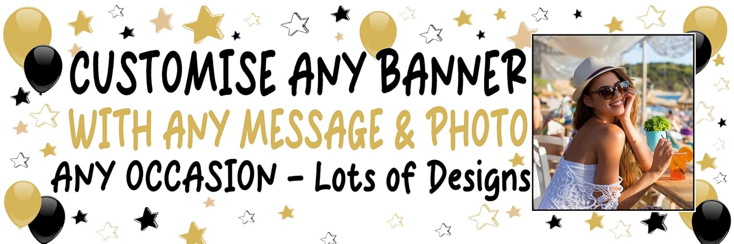 Large Personalised Banner Any Occasion Name with Photo for Men Women Boys Girls (6ftx2ft with PHOTO, Gold & Black Stars)
