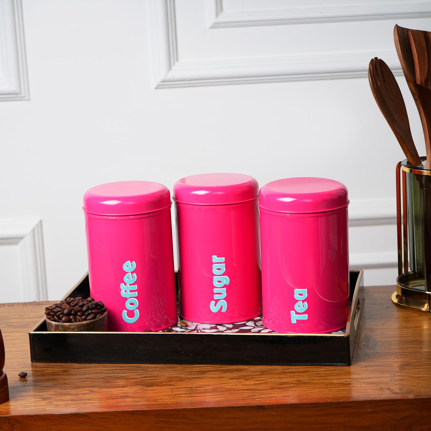 Red Iron Coffee, Tea & Sugar Jar Set of 3 | Text Print Design | Glossy Finish | Round Airtight Storage Containers (1000 ml Each) | Premium Kitchen Organizer & Decorative Canisters