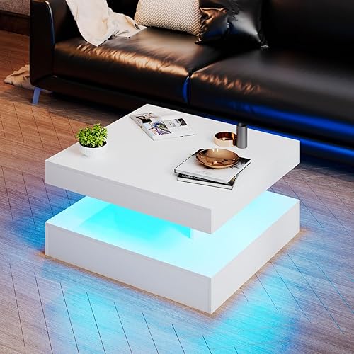 Miniatura 7 de Mesa de centro LED blanca con almacenamiento para sala de estar, moderna mesa central cuadrada alta y alta, estante de exhibición de 2 niveles, 20