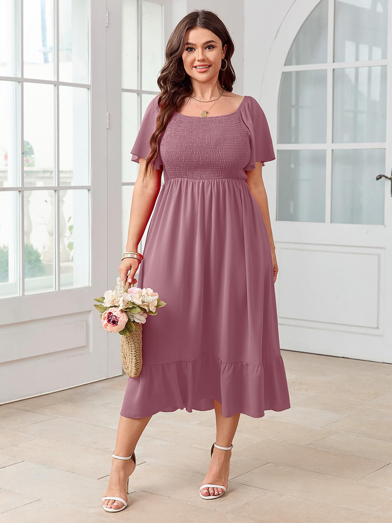 SCOMCHIC Damen Plus Size Sommerkleid Casual Kurzarm U-Ausschnitt Maxikleid Gesmokte Rüschen Boho Flowy Lange Kleider