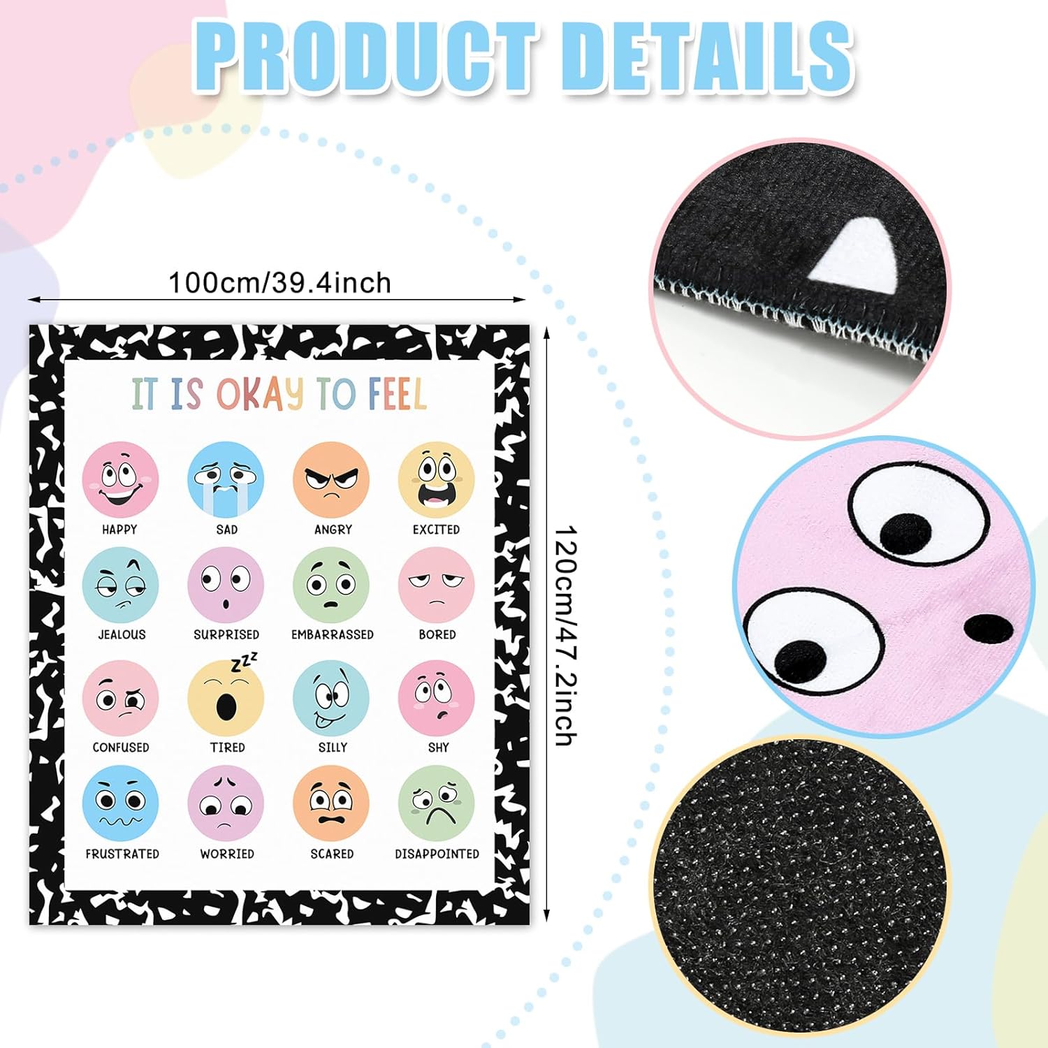 JarThenaAMCS Back to School Area Rug 40 x 47 Inch Large Floor Mat Colorful Emotion Learning Non-Slip Carpet for Home Nursery Classroom Playroom Decor