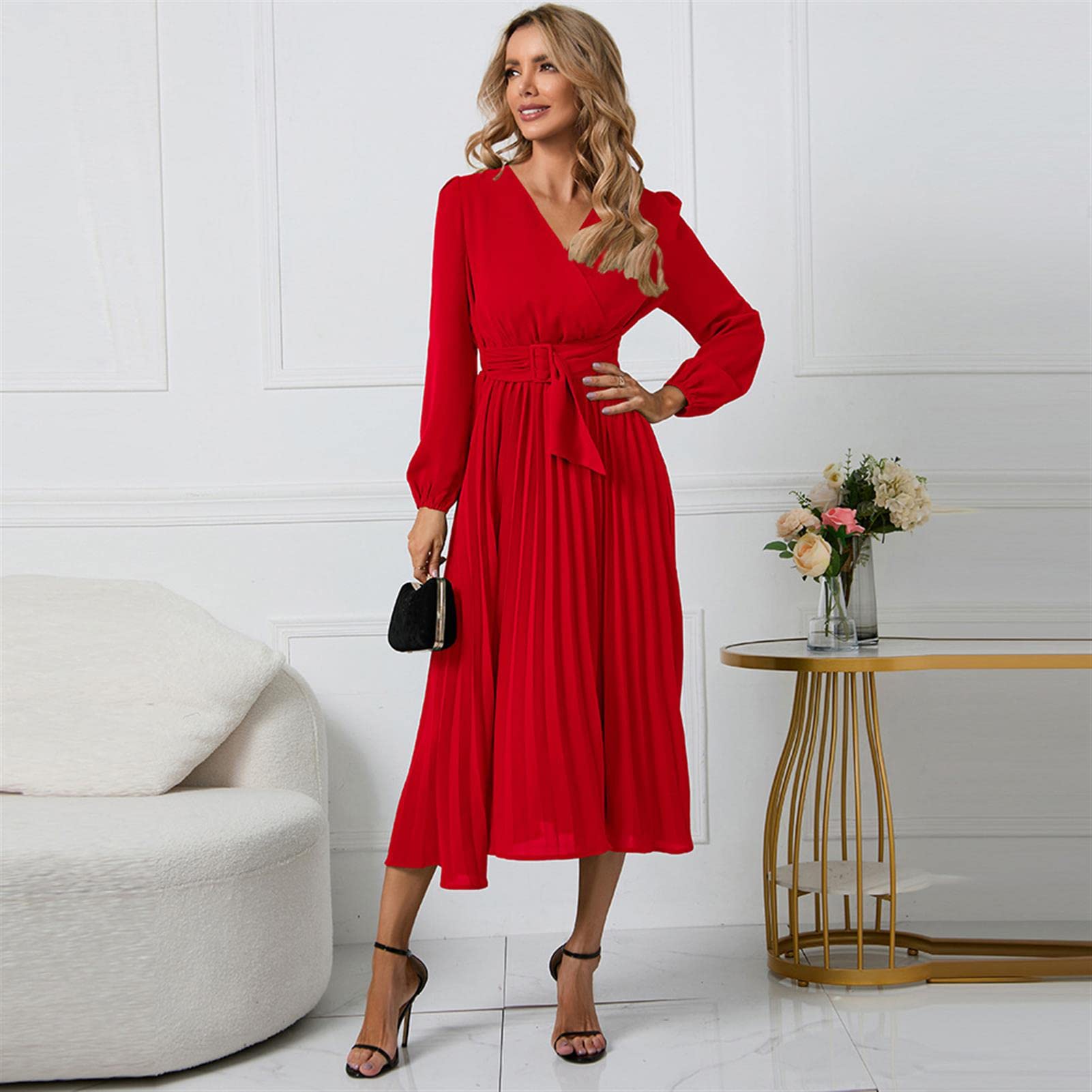 Vestidos para Mujer, Vestidos para Mujer, Manga Larga, Corte Ajustado, Cuello en V, Vestido Plisado, Falda Larga de Color sólido, Falda Acampanada para Fiesta