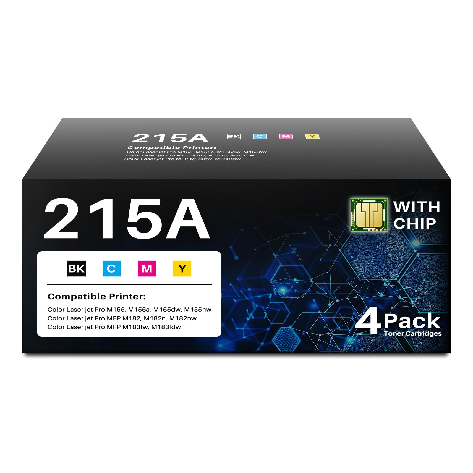 Photo 1 of (With Chip) Compatible 215A Toner Cartridges 4 Pack Replacement for HP 215A 215X Toner W2310A W2311A W2312A W2313A Work with Color LaserJet Pro MFP M183fw M182nw M182n M155a M155nw Printer (BK/C/M/Y)