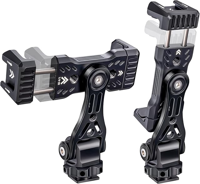 CAMOLO Safe Metal Phone Tripod Mount, Double Cold Shoe Phone Tripod Mount, Hot Shoe Phone Holder, 360° Adjustable Tripod Adapter for iPhone/Smartphone/Tripod/DSLR Camera/Cage/Gimbal/Stabilizer/Vlog