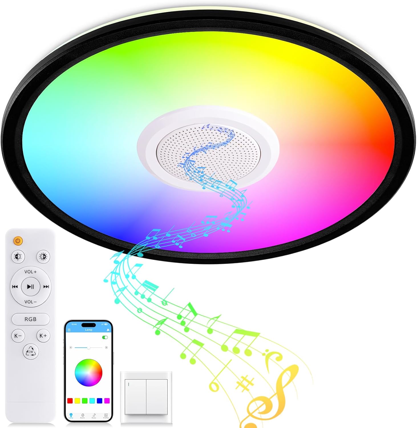 RGB LED Ceiling Light, with Bluetooth Speaker, 24W 11Inch Smart Music Ceiling Lamp with App and Remote Control, 3000K-6500K Color Changing Lights Fixture for Child Bedroom Bathroom, Black